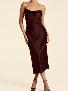 LULU’S Plum Chocolate Brown Satin Slip Midi Dress